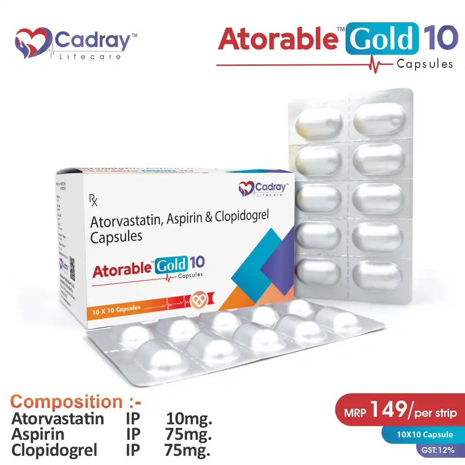Atorvastatin 10mg + Aspirin 75mg + Clopidogrel 75mg Capsule | Best price for PCD Pharma Franchise in Jaipur